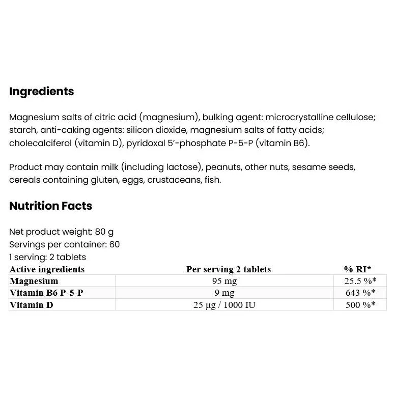 Magnesium + Vitamin D3 2000 IU + B6 / 120 Таблетки, 60 дози - OstroVit