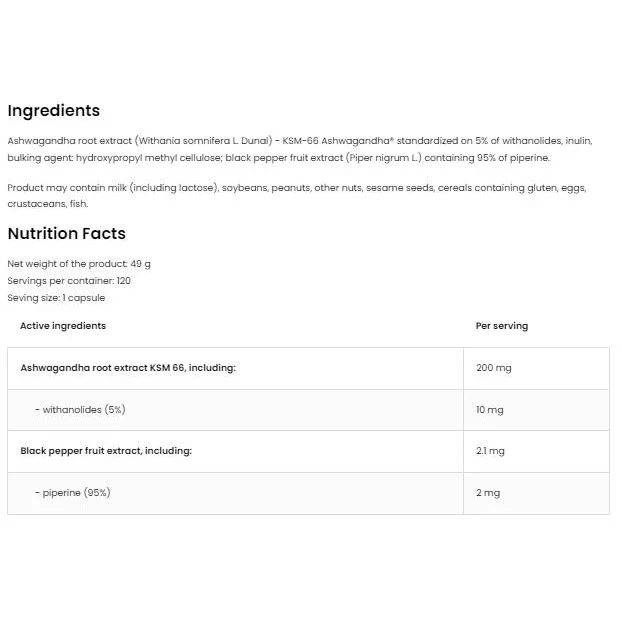 KSM-66 Ashwagandha® 200 mg / Vege Caps / 120 капсули, 120 дози - OstroVit