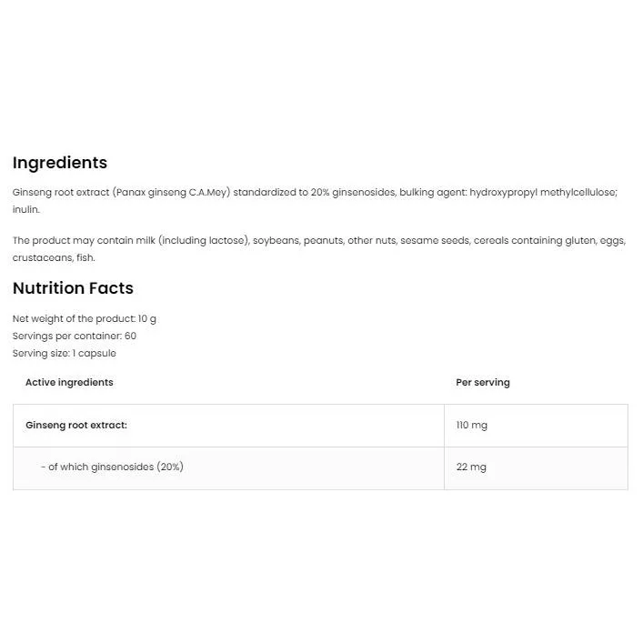 Panax Ginseng 110 mg | Root Extract / 60 капсули, 60 дози - OstroVit