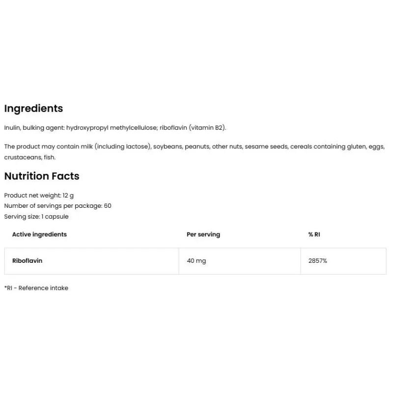 Vitamin B2 Riboflavin 40 mg / 60 капсули, 60 дози - OstroVit