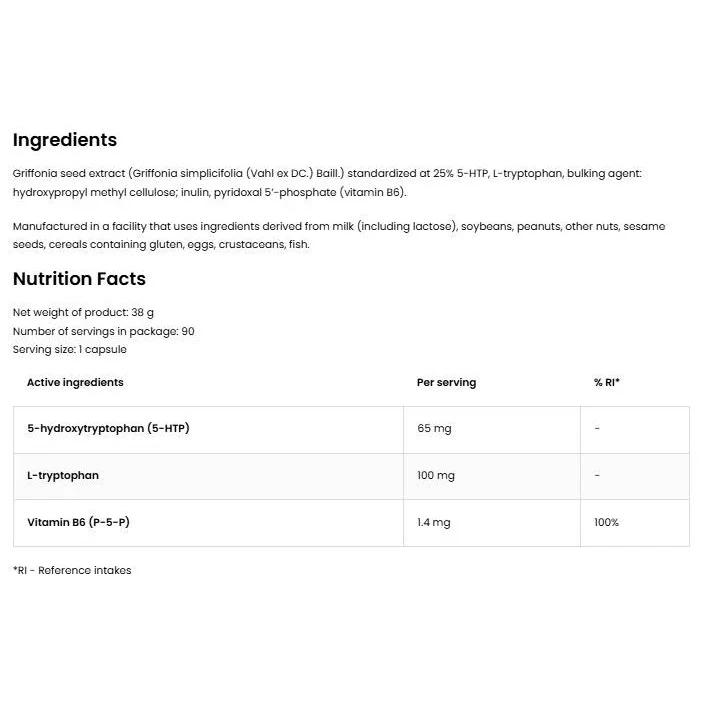 5-HTP 65 mg from Griffonia Seeds (25%) | with L-Tryptophan & Vitamin B6 (90 дози) / 90 капсули - OstroVit