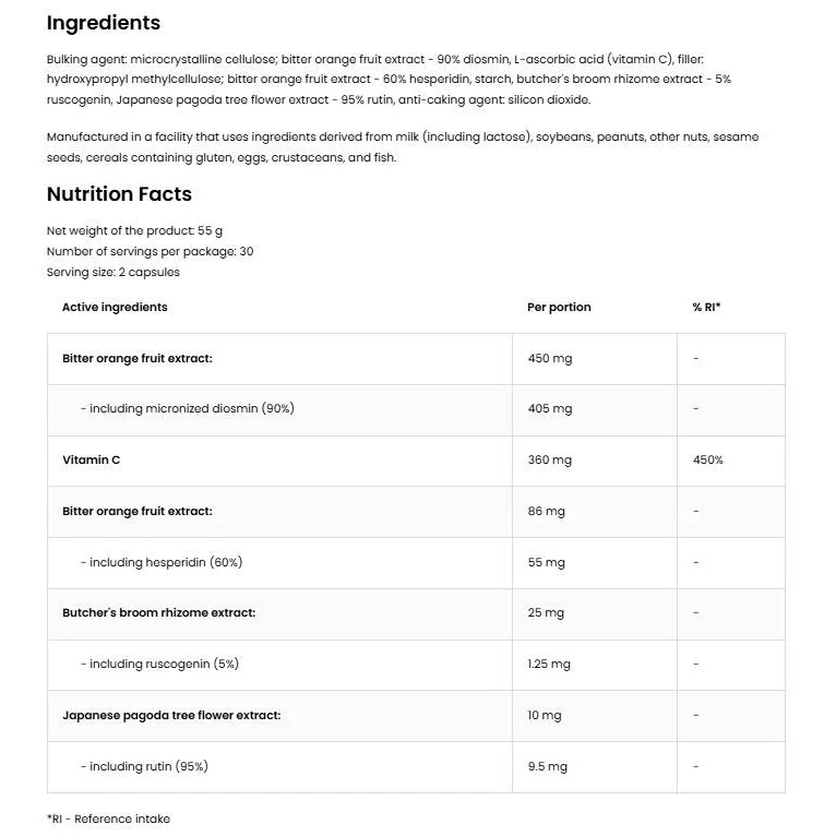 Diosmin + Hesperidin + Rutin + Ruscogenin + Vitamin C (30 дози) / 60 капсули - OstroVit