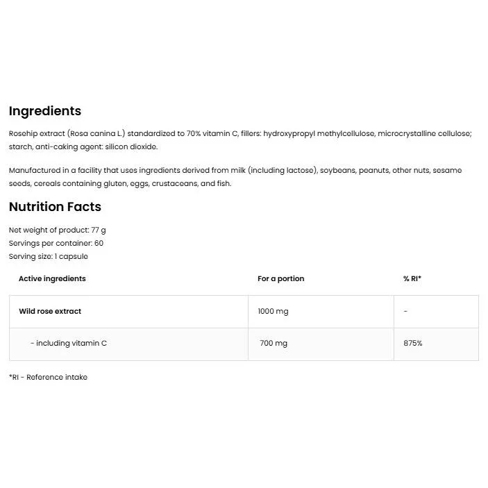 Natural Vitamin C 1000 mg | from Rose Hips (60 дози) / 60 капсули - OstroVit