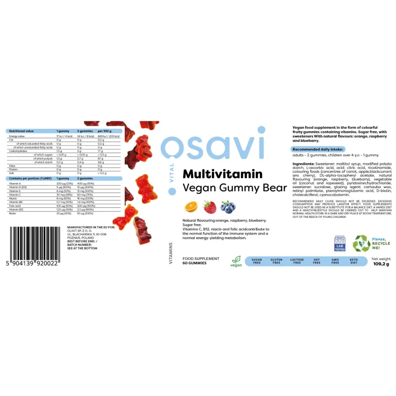 Multivitamin Vegan Gummy Bear | Orange, Raspberry, Blueberry / 60 желирани бонбони - Osavi