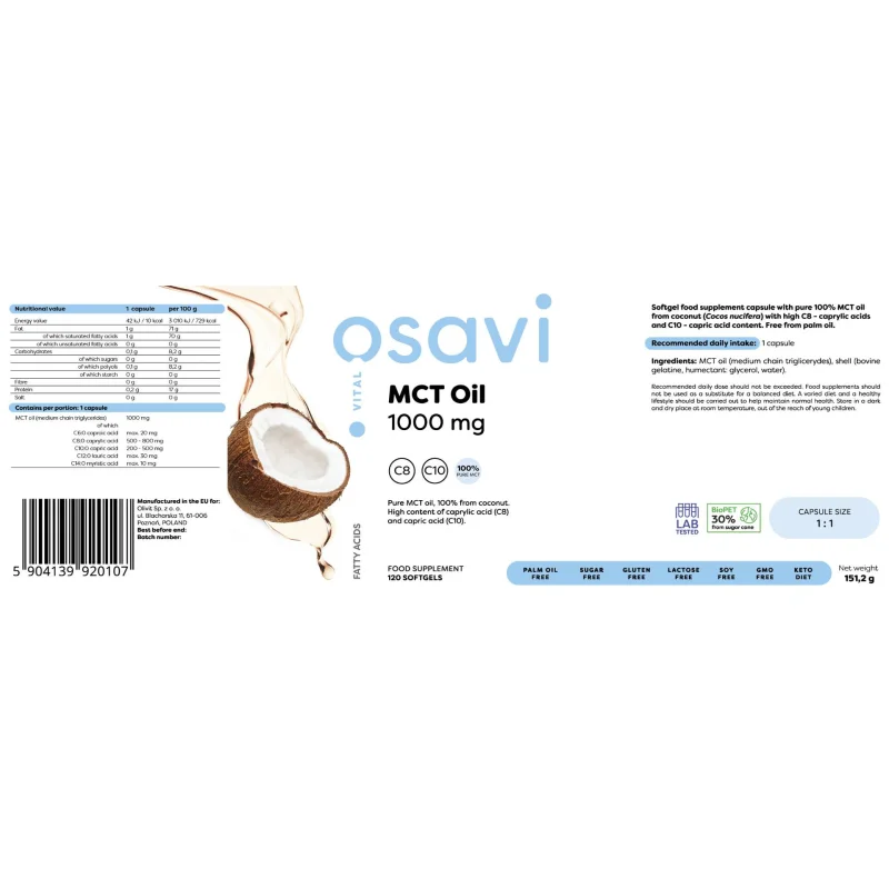 MCT Oil 1000 mg | C8 + C10 / 120 Гел капсули, 120 дози - Osavi