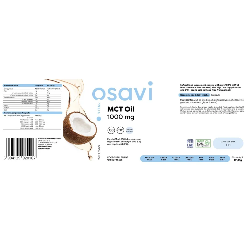 MCT Oil 1000 mg | C8 + C10 / 180 Гел капсули, 180 дози - Osavi