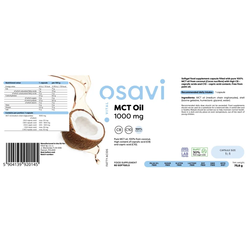MCT Oil 1000 mg | C8 + C10 / 60 Гел капсули, 60 дози - Osavi