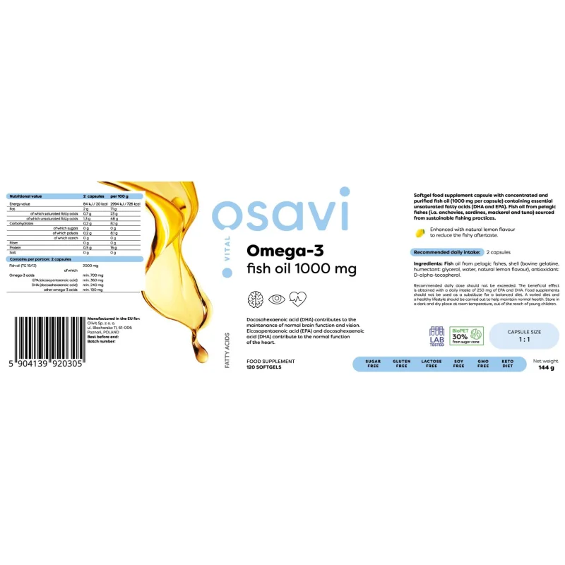 Omega 3 Fish Oil 1000 mg / Lemon Flavor / 120 Гел капсули, 60 дози - Osavi