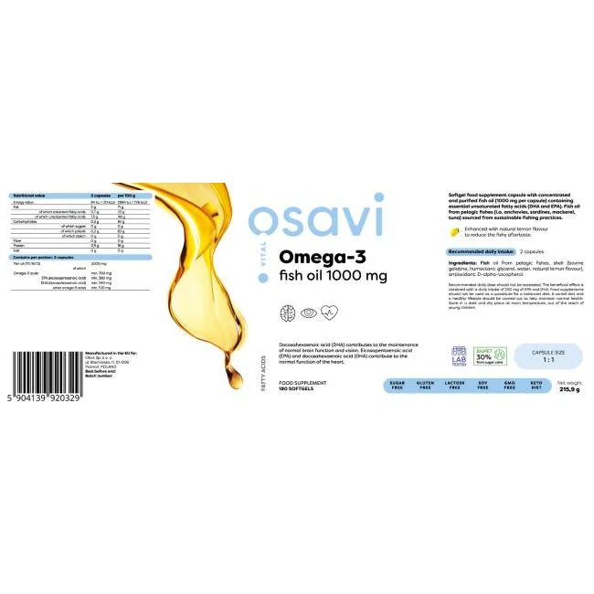 Omega 3 Fish Oil 1000 mg / Lemon Flavor / 180 Гел капсули, 90 дози - Osavi