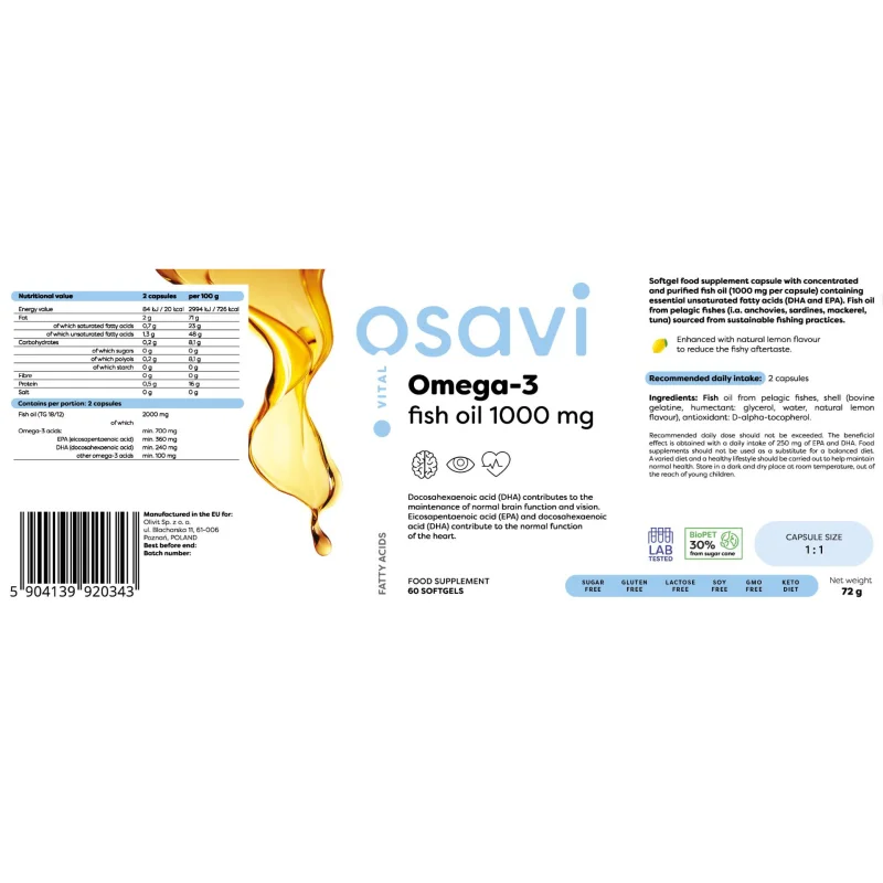 Omega 3 Fish Oil 1000 mg / Lemon Flavor / 60 Гел капсули, 30 дози - Osavi