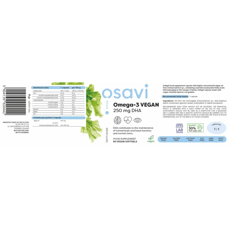 Omega-3 Vegan | 250 mg DHA / 120 Гел капсули, 120 дози - Osavi
