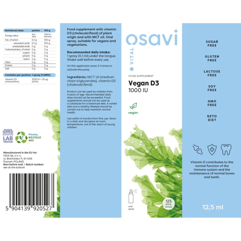 Vegan D3 1000 IU | Oral Spray / 5 мл, 125 дози / 12.5 мл - Osavi