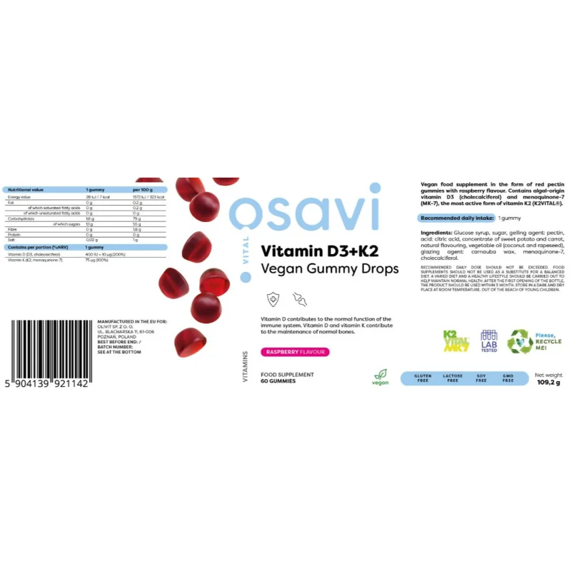 Vitamin D3 400 IU + K2 75 mcg | Vegan Gummy Drops / 60 Бонбона - Osavi