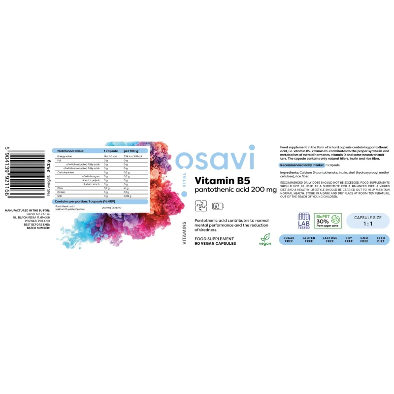 Vitamin B5 | Pantothenic Acid 200 mg / 90 капсули, 90 дози - Osavi