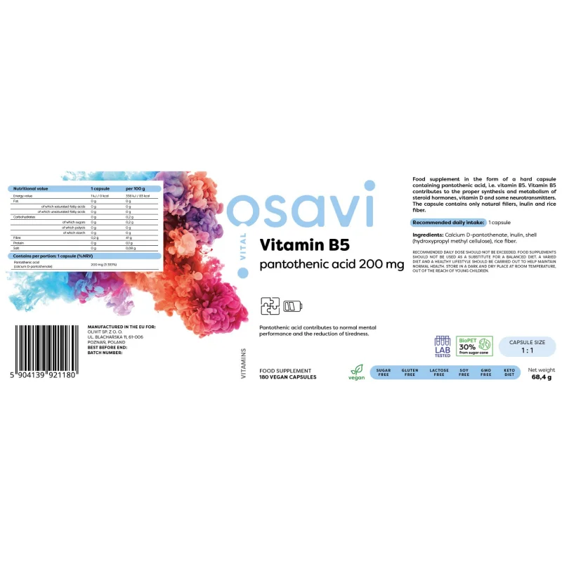 Vitamin B5 | Pantothenic Acid 200 mg / 180 капсули, 180 дози - Osavi