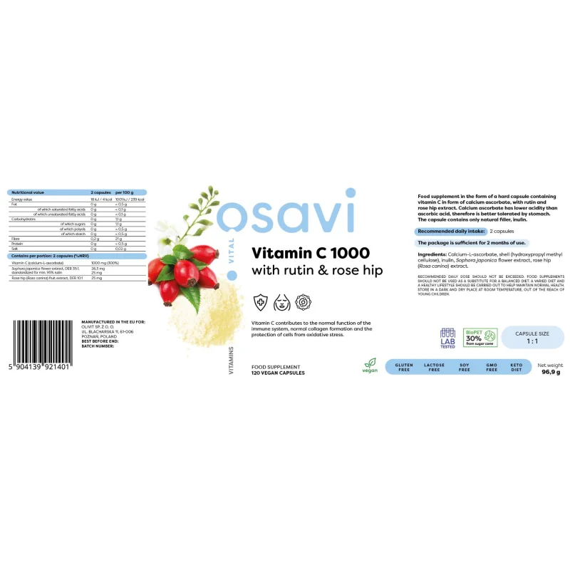 Vitamin C 1000 | with Rutin & Rose Hip / 120 капсули, 60 дози - Osavi
