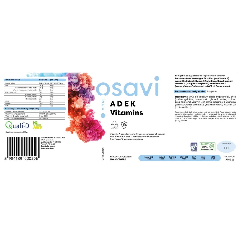 ADEK Vitamins | A + D + E + K | with Quali-D® / 90 Гел капсули, 90 дози - Osavi