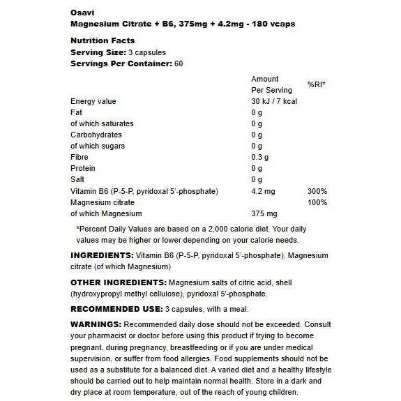 Magnesium Citrate 375 mg + B6 | P-5-P (60 дози) / 180 капсули - Osavi