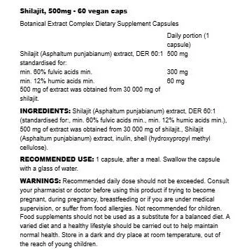 Shilajit 500 mg | 60:1 Extract with 60+% Fulvic Acids (60 дози) / 60 капсули - Osavi