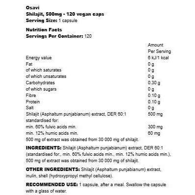 Shilajit 500 mg | 60:1 Extract with 60+% Fulvic Acids (120 дози) / 120 капсули - Osavi