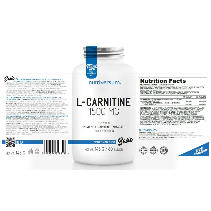 L-Carnitine 1500 mg / 60 Таблетки, 60 дози - Nutriversum