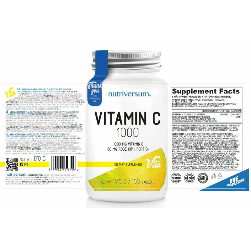 Vitamin C 1000 | with Rose Hips / 30 Таблетки, 30 дози - Nutriversum
