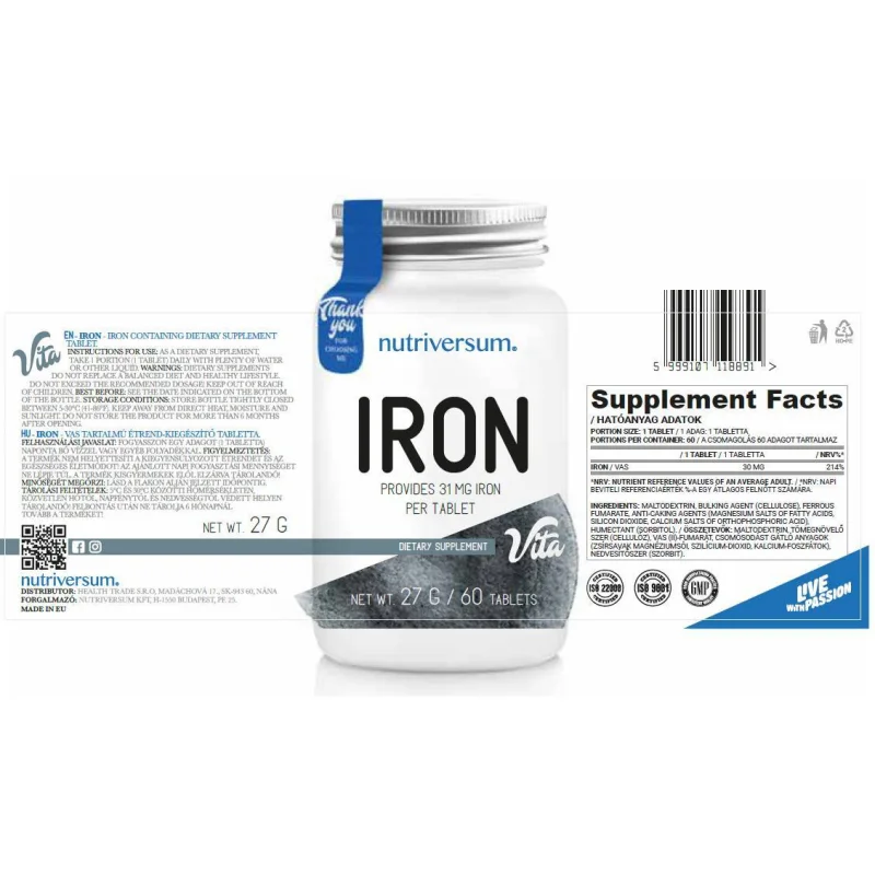 Iron 30 mg | Ferrous Fumarate / 30 Таблетки, 30 дози - Nutriversum