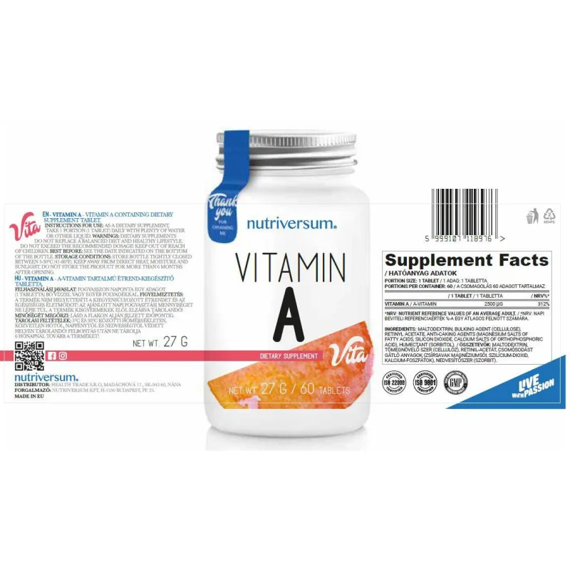 Vitamin A 2500 mcg / 30 Таблетки, 30 дози - Nutriversum