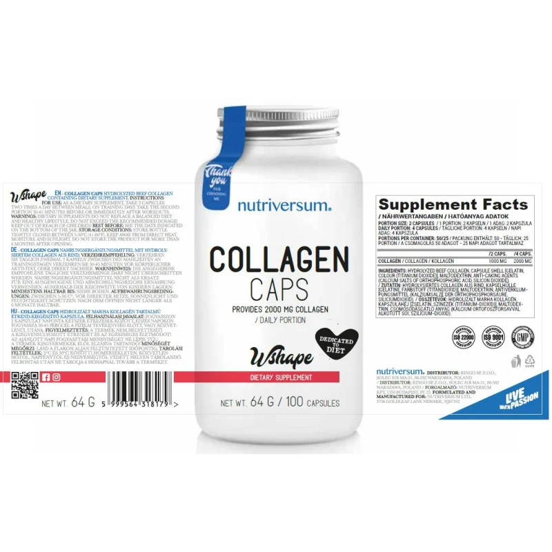 Collagen Caps 500 mg / 100 капсули, 50 дози - Nutriversum