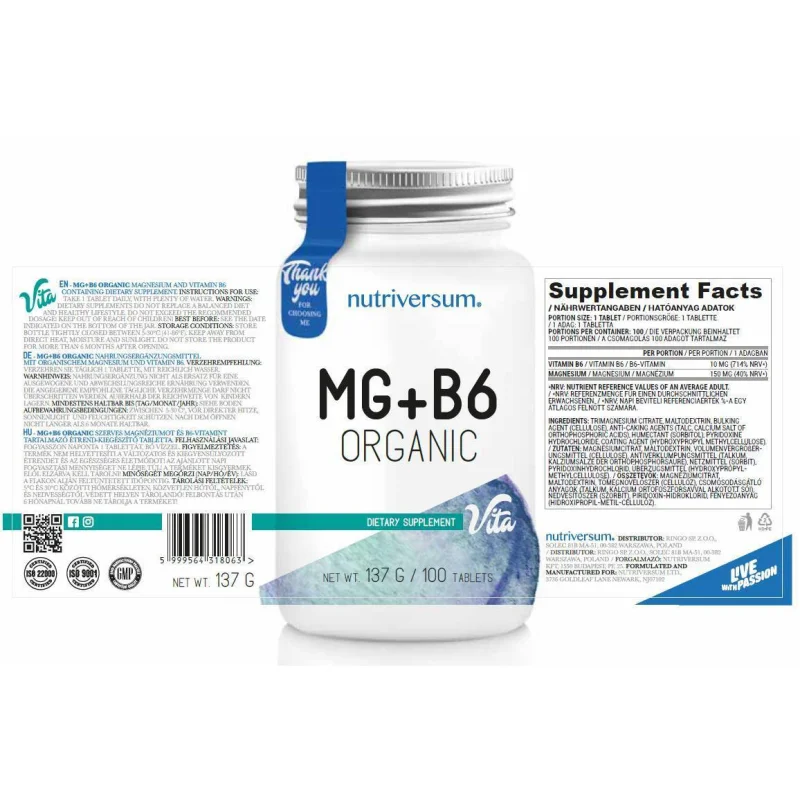 MG + B6 | Organic Magnesium + Vitamin B6 / 120 Таблетки, 120 дози - Nutriversum