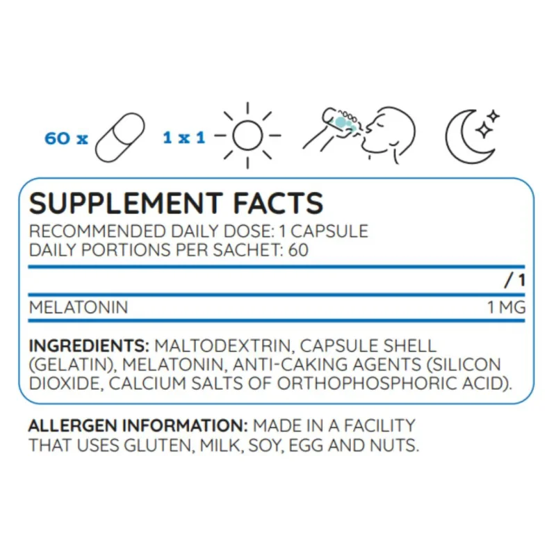 Melatonin 1 mg (30 дози) / 60 капсули - Nutriversum