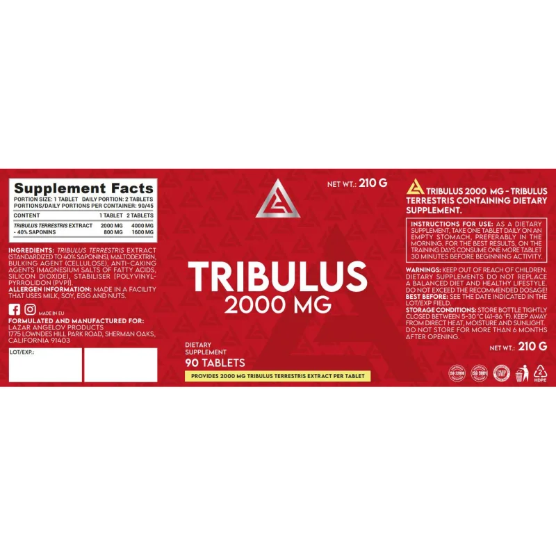 Tribulus 2000 mg | Mega Dose Tribulus Terrestris Extract (90 дози) / 90 Таблетки - Lazar Angelov Nutrition