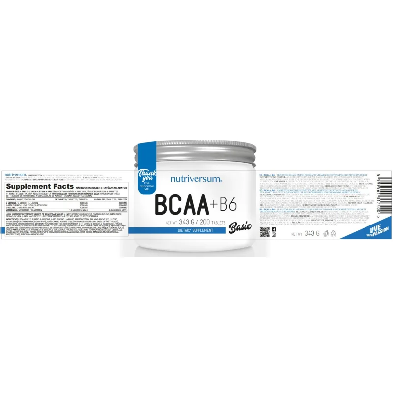 BCAA + B6 Tablets / 200 Таблетки, 50 дози - Nutriversum