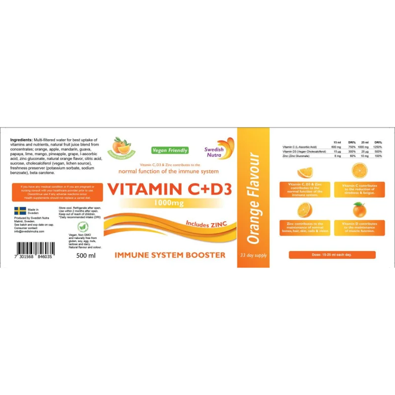 Vitamin C + D3 and Zinc | Immune System Booster / 500 мл, 33 дози - Swedish Nutra