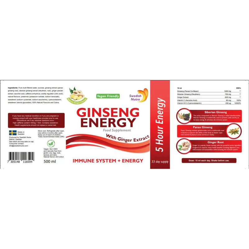 Ginseng Energy | Immune System + Energy / 500 мл, 33 дози - Swedish Nutra