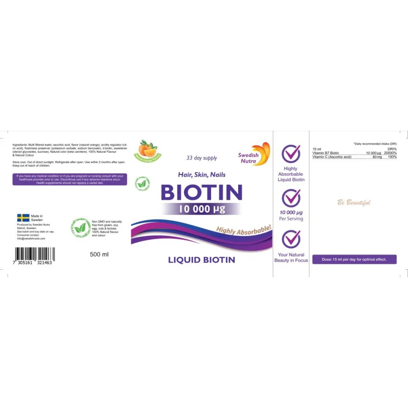 Biotin 10 000 mcg / 500 мл, 33 дози - Swedish Nutra