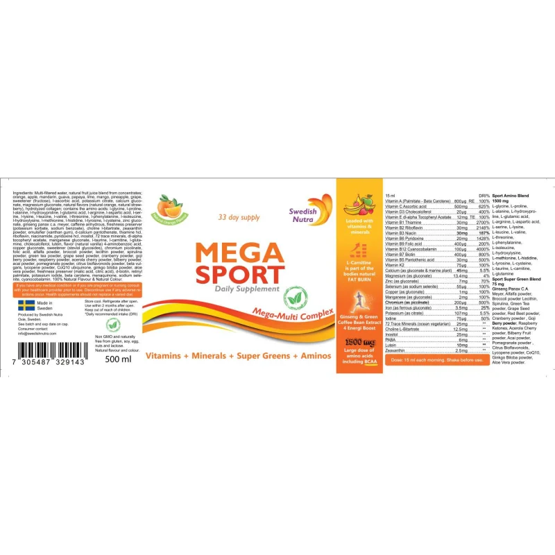 Mega Sport | Vitamins + Minerals + Super Greens + Aminos / 500 мл, 33 дози - Swedish Nutra