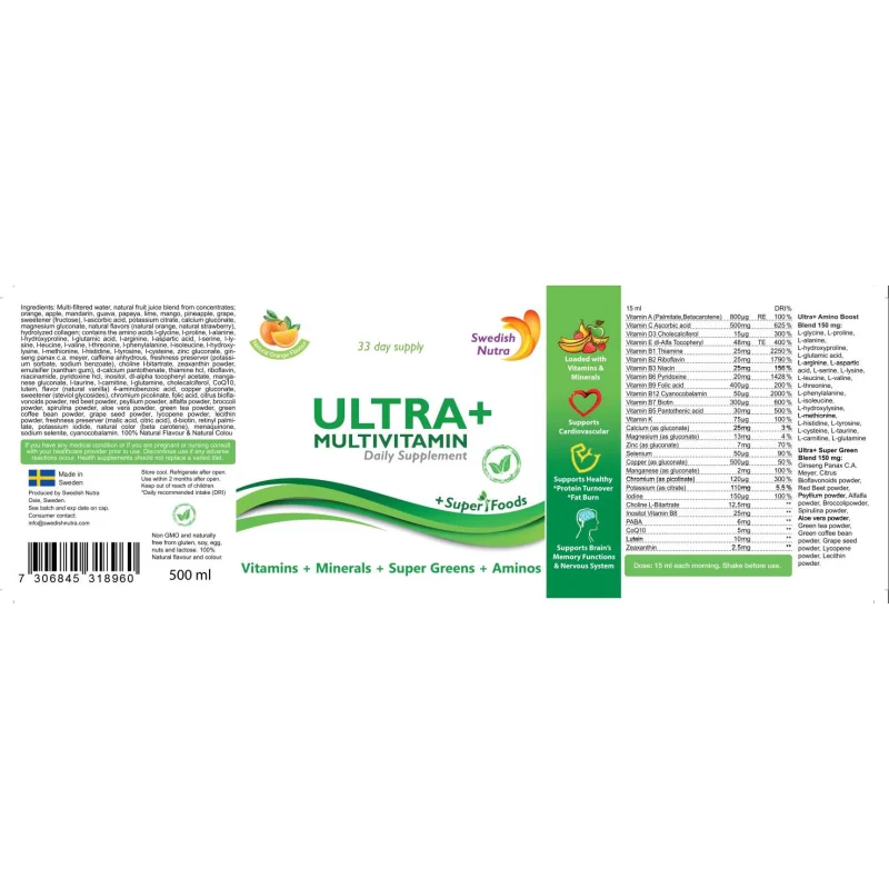 Ultra + Multivitamin and Collagen | Vitamins + Minerals + Super Greens + Aminos / 500 мл, 33 дози - Swedish Nutra