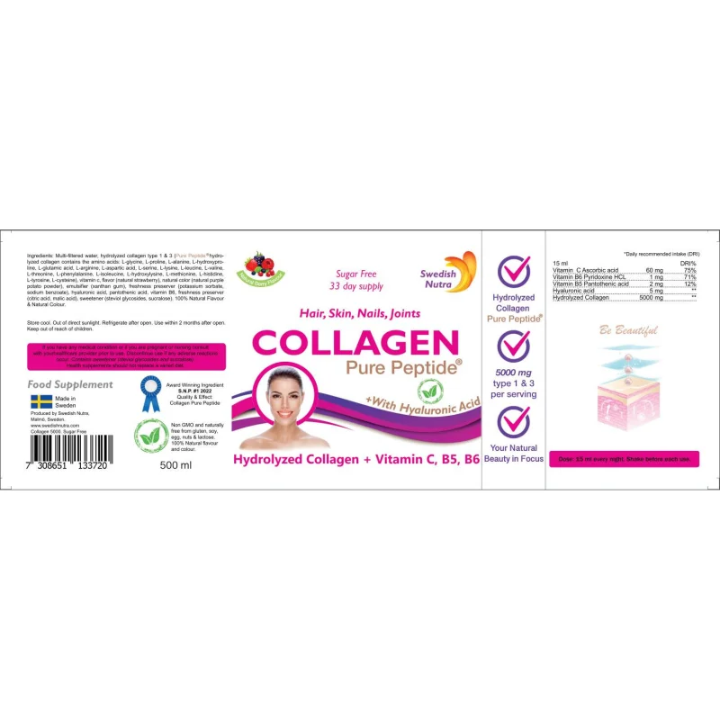 Hydrolyzed Collagen | with Vitamin C, B5, B6 and Hyaluronic Acid / 500 мл, 33 дози - Swedish Nutra