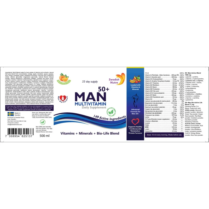 Man Multivitamin 50+ | Vitamins + Minerals + Bio-Life Blend / 500 мл, 33 дози - Swedish Nutra