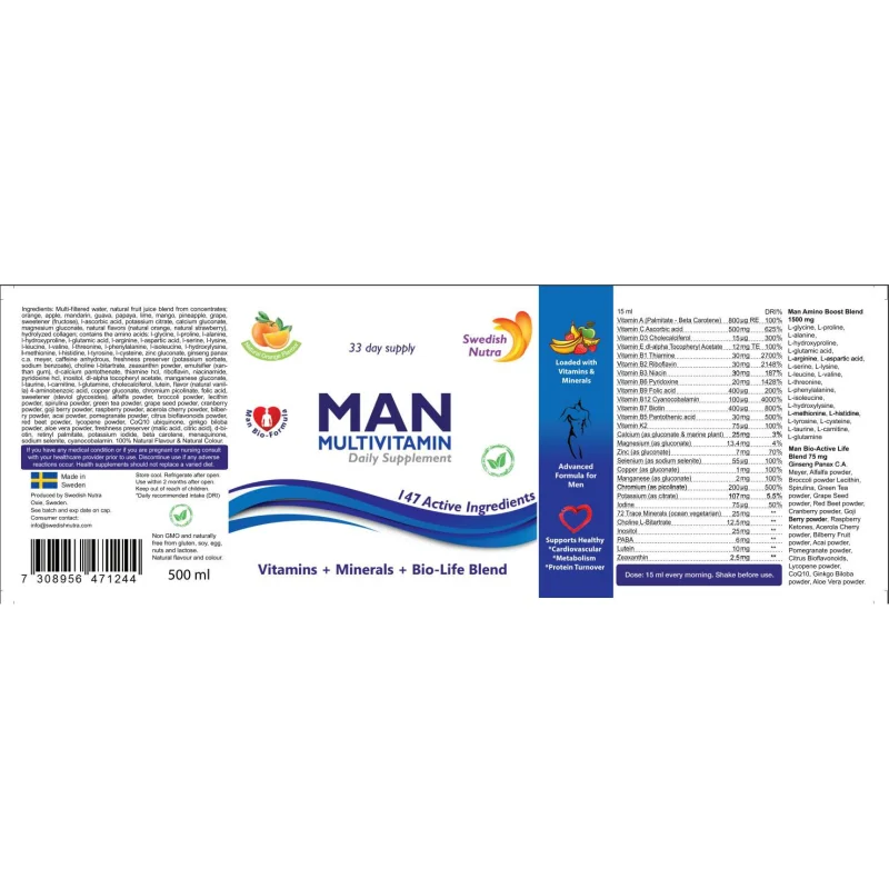 Man Multivitamin | Vitamins + Minerals + Bio-Life Blend / 500 мл, 33 дози - Swedish Nutra