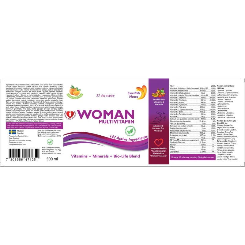 Woman Multivitamin | Vitamins + Minerals + Bio-Life Blend / 500 мл, 33 дози - Swedish Nutra