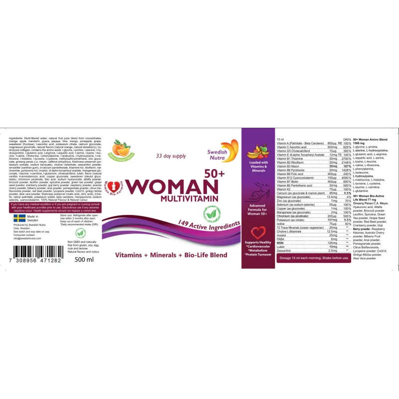 Woman Multivitamin 50+ | Vitamins + Minerals + Bilo-Life Blend / 500 мл, 33 дози - Swedish Nutra