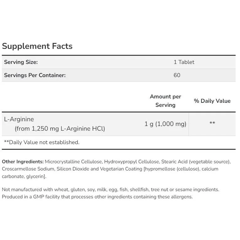 L-Arginine 1000 mg / Double Strength (60 дози) / 60 Таблетки - NOW Foods