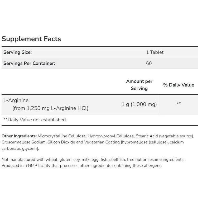 L-Arginine 1000 mg / Double Strength (180 дози) / 180 Таблетки - NOW Foods