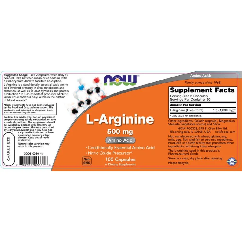 L-Arginine 500 mg (50 дози) / 100 капсули - NOW Foods