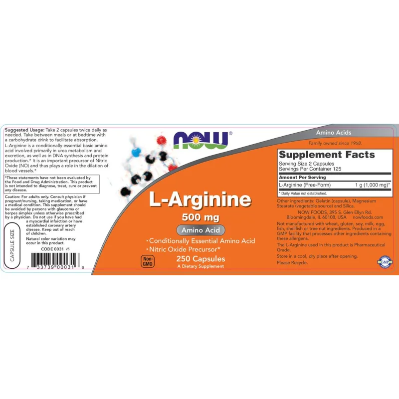 L-Arginine 500 mg (125 дози) / 250 капсули - NOW Foods