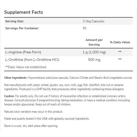Arginine/Ornithine 500/250 mg (125 дози) / 100 капсули - NOW Foods