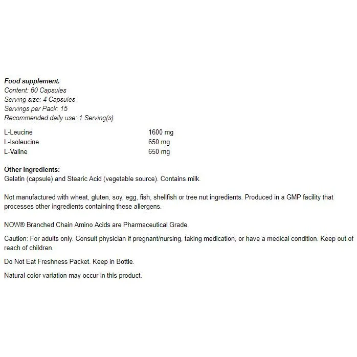Branched Chain Amino Acids / BCAA (15 дози) / 60 капсули - NOW Foods