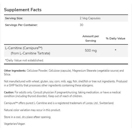L-Carnitine 250 mg | Carnipure™ (30 дози) / 60 капсули - NOW Foods